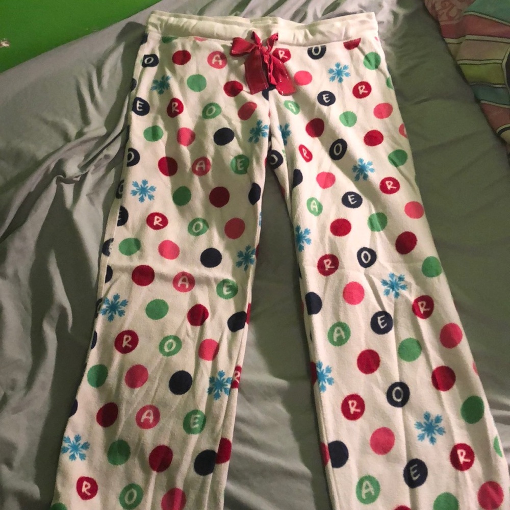 White fleece polka dotted pajama pants